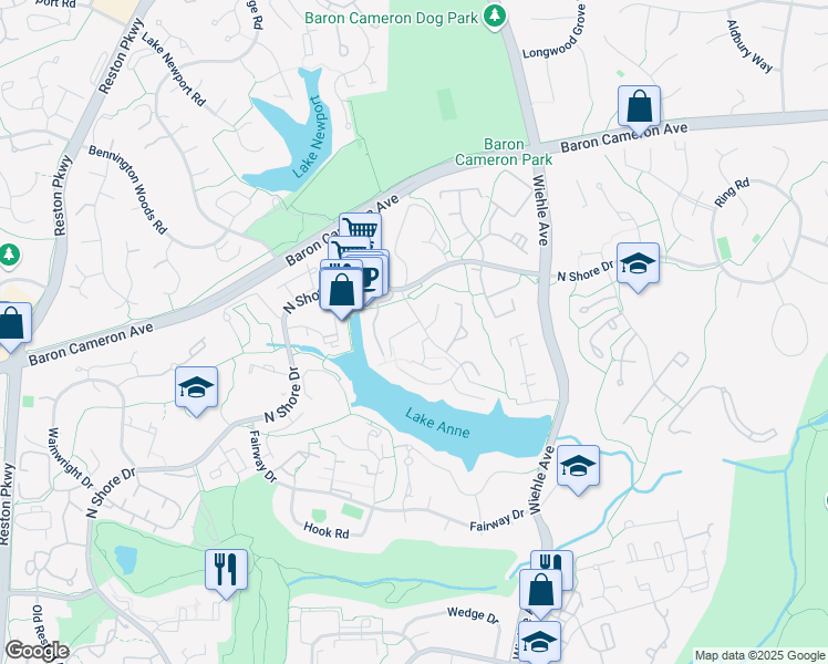 map of restaurants, bars, coffee shops, grocery stores, and more near 1522 Moorings Drive in Reston