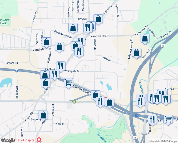 map of restaurants, bars, coffee shops, grocery stores, and more near 2381 Whitegate Drive in Columbia