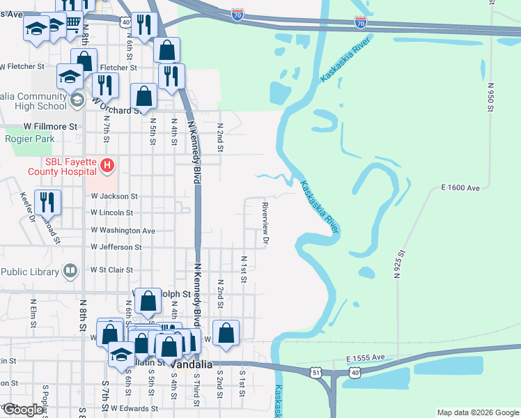 map of restaurants, bars, coffee shops, grocery stores, and more near 118 East Jackson Avenue in Vandalia
