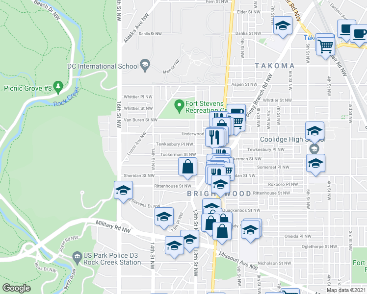 map of restaurants, bars, coffee shops, grocery stores, and more near 1326 Tewkesbury Place Northwest in Washington