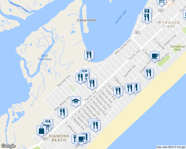 map of restaurants, bars, coffee shops, grocery stores, and more near 8260 New Jersey Avenue in Wildwood Crest