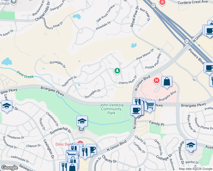 map of restaurants, bars, coffee shops, grocery stores, and more near 3605 Cherry Plum Drive in Colorado Springs