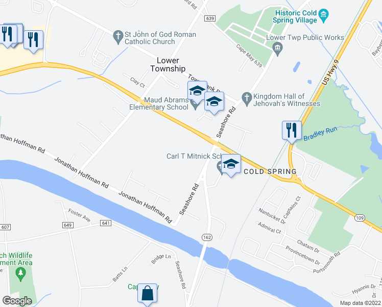 map of restaurants, bars, coffee shops, grocery stores, and more near 720-724 Sandman Boulevard in Cape May