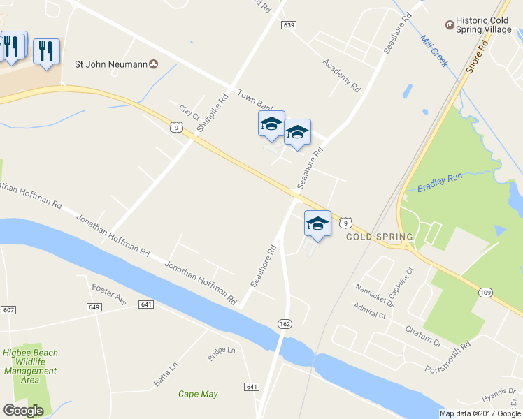map of restaurants, bars, coffee shops, grocery stores, and more near 720-724 Sandman Boulevard in Cape May