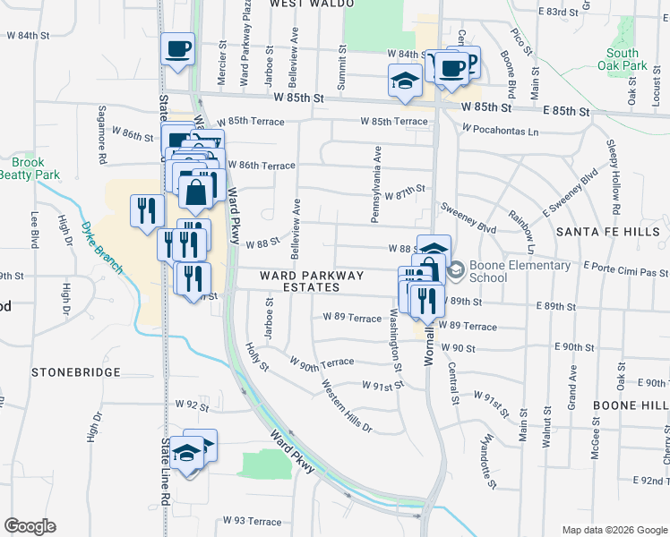 map of restaurants, bars, coffee shops, grocery stores, and more near 8800 Summit Street in Kansas City