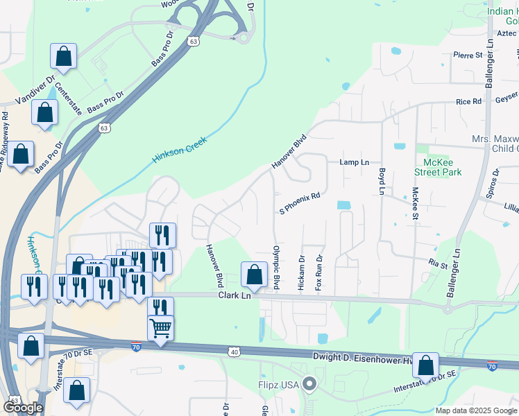 map of restaurants, bars, coffee shops, grocery stores, and more near 1616 Hershey Court in Columbia