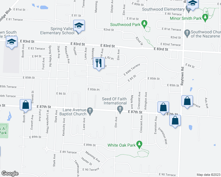 map of restaurants, bars, coffee shops, grocery stores, and more near 8517 Ditzler Avenue in Raytown