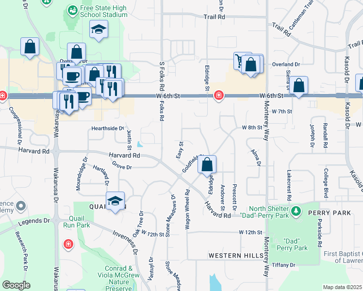 map of restaurants, bars, coffee shops, grocery stores, and more near 835 Easy Street in Lawrence