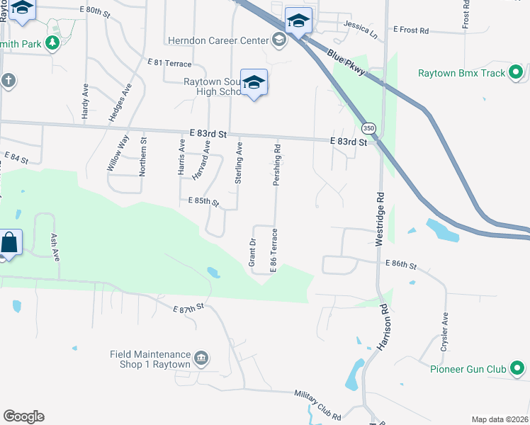 map of restaurants, bars, coffee shops, grocery stores, and more near 8420 Pershing Road in Raytown