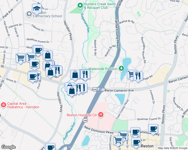 map of restaurants, bars, coffee shops, grocery stores, and more near 140-A Laurel Way in Herndon