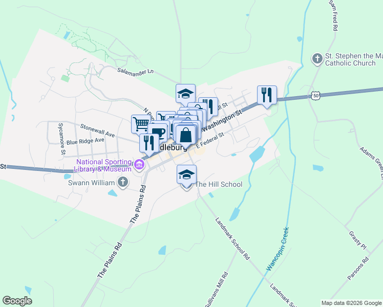 map of restaurants, bars, coffee shops, grocery stores, and more near 101 South Madison Street in Middleburg