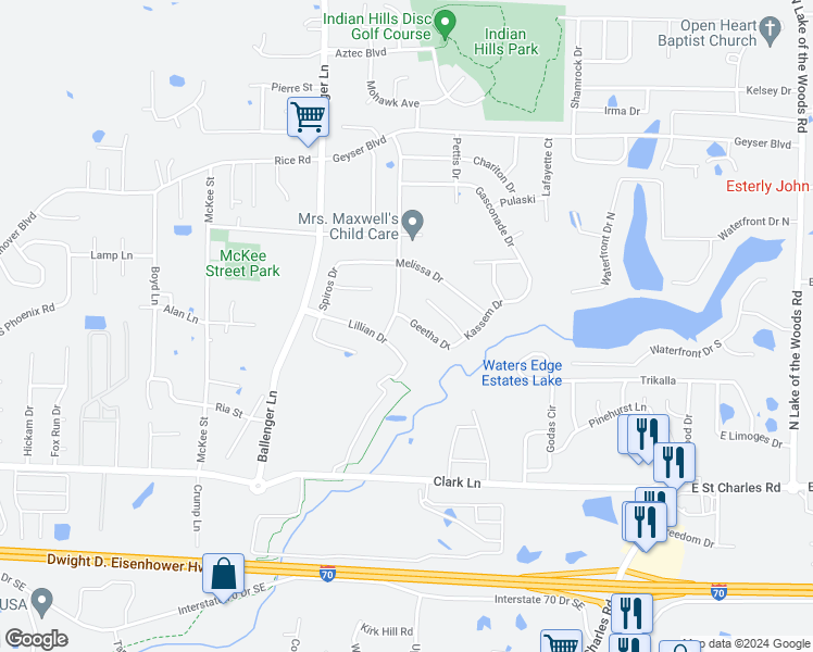 map of restaurants, bars, coffee shops, grocery stores, and more near 5002 Geetha Drive in Columbia