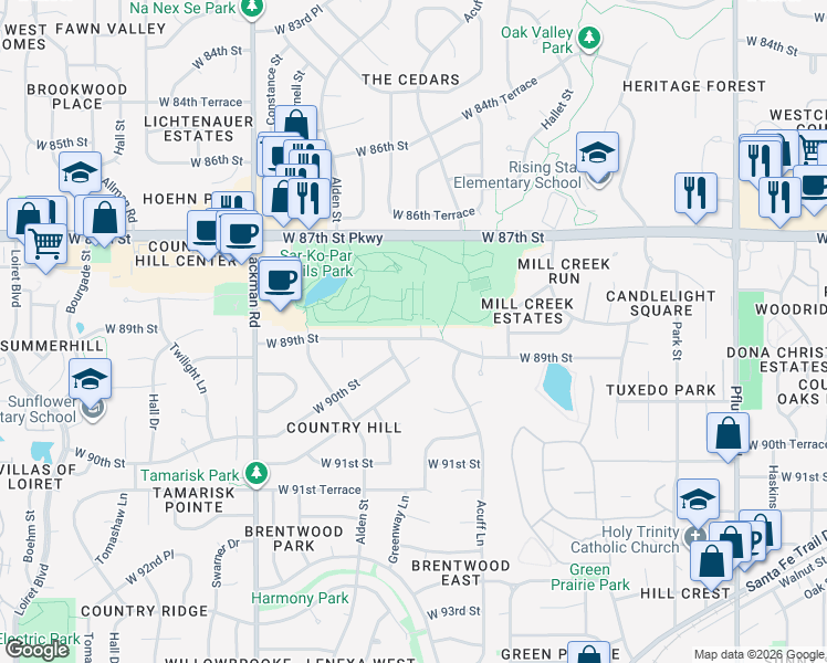 map of restaurants, bars, coffee shops, grocery stores, and more near 14602 West 89th Street in Lenexa