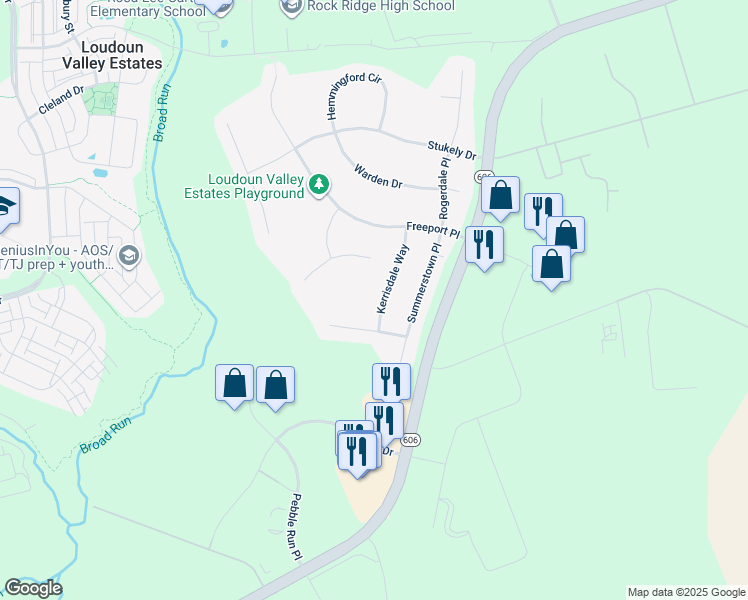 map of restaurants, bars, coffee shops, grocery stores, and more near 23395 Kerrisdale Way in Sterling