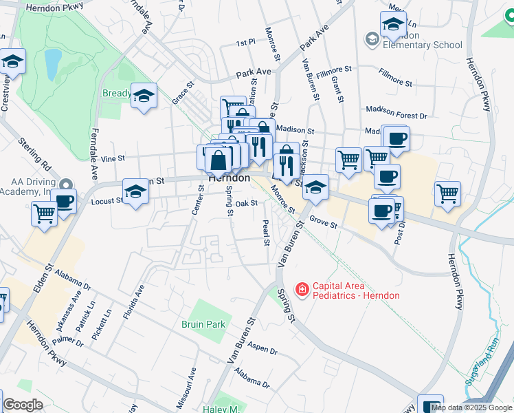 map of restaurants, bars, coffee shops, grocery stores, and more near 631 Oak Street in Herndon