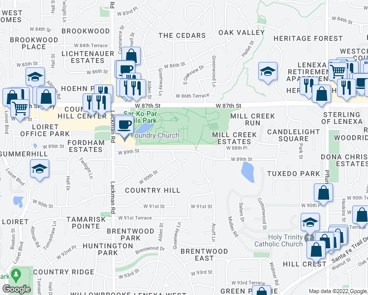 map of restaurants, bars, coffee shops, grocery stores, and more near 14602 West 89th Street in Lenexa