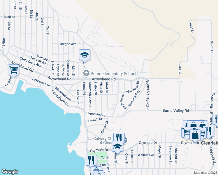 map of restaurants, bars, coffee shops, grocery stores, and more near 3563 Kakul Street in Clearlake