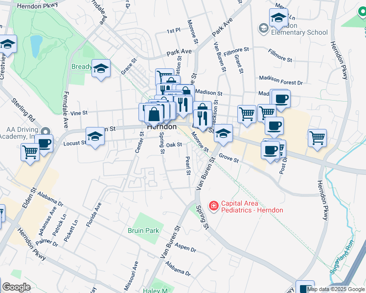 map of restaurants, bars, coffee shops, grocery stores, and more near 631 Oak Street in Herndon