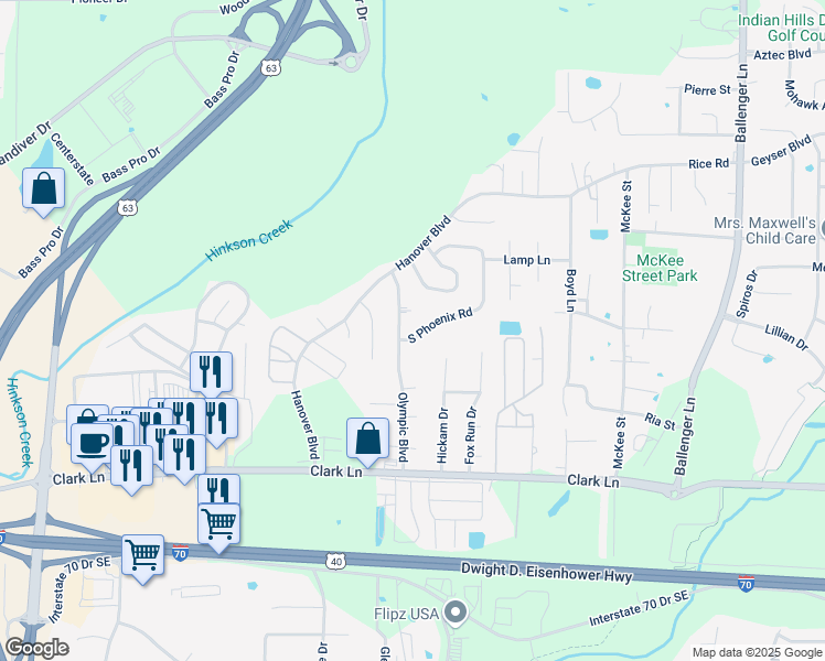 map of restaurants, bars, coffee shops, grocery stores, and more near 4005 South Phoenix Road in Columbia