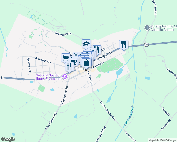 map of restaurants, bars, coffee shops, grocery stores, and more near 115 South Madison Street in Middleburg