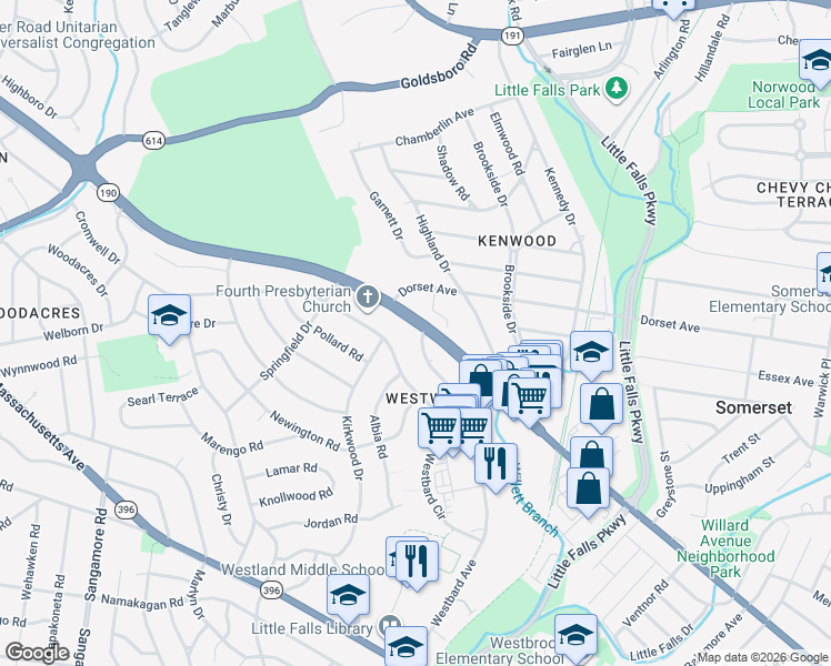 map of restaurants, bars, coffee shops, grocery stores, and more near 5420 Maryland 190 in Bethesda