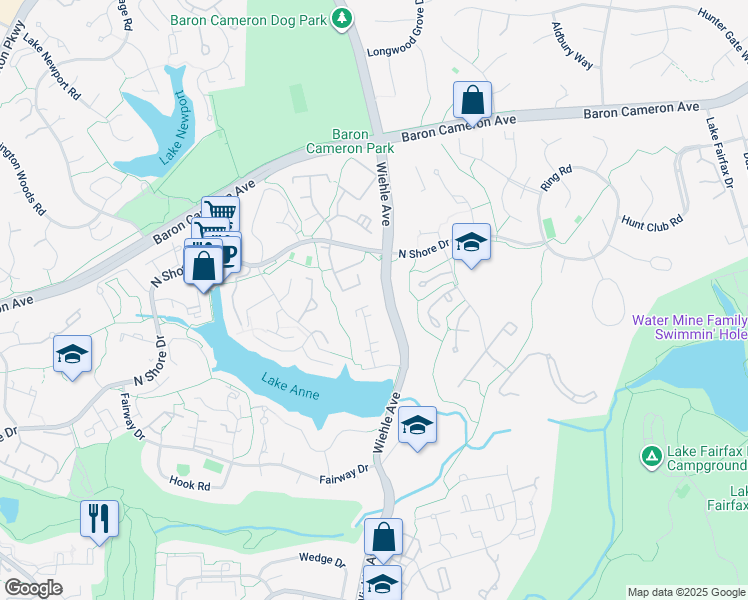 map of restaurants, bars, coffee shops, grocery stores, and more near 1559 Inlet Court in Reston