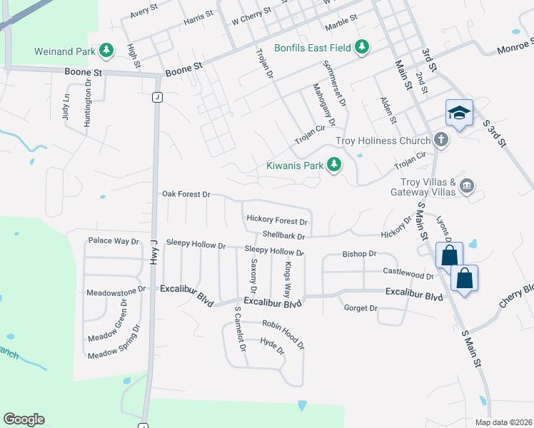 map of restaurants, bars, coffee shops, grocery stores, and more near 2528 Oak Forest Drive in Troy