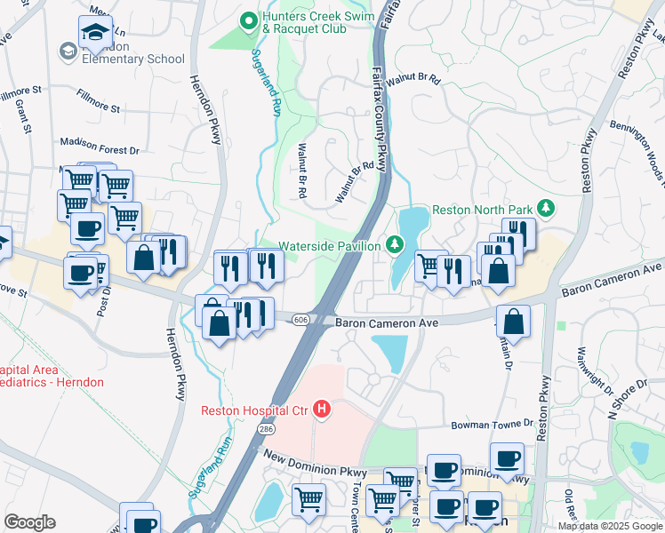 map of restaurants, bars, coffee shops, grocery stores, and more near 1729 Stuart Pointe Lane in Herndon
