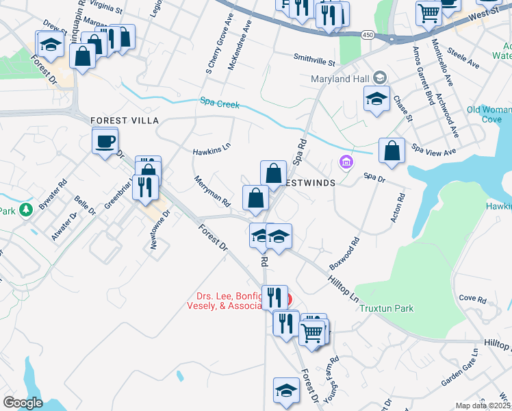 map of restaurants, bars, coffee shops, grocery stores, and more near 1042 Spa Road in Annapolis