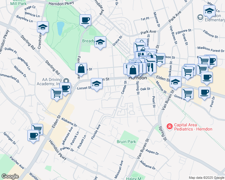 map of restaurants, bars, coffee shops, grocery stores, and more near 831 Locust Street in Herndon