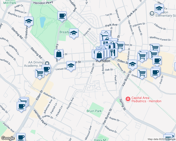 map of restaurants, bars, coffee shops, grocery stores, and more near 807 Locust Street in Herndon