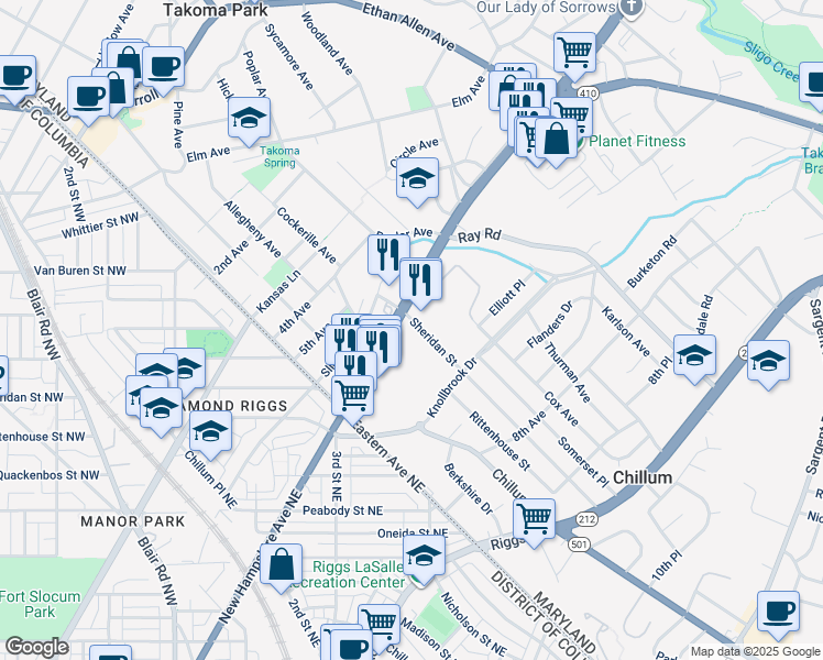 map of restaurants, bars, coffee shops, grocery stores, and more near 6495 New Hampshire Avenue in Hyattsville