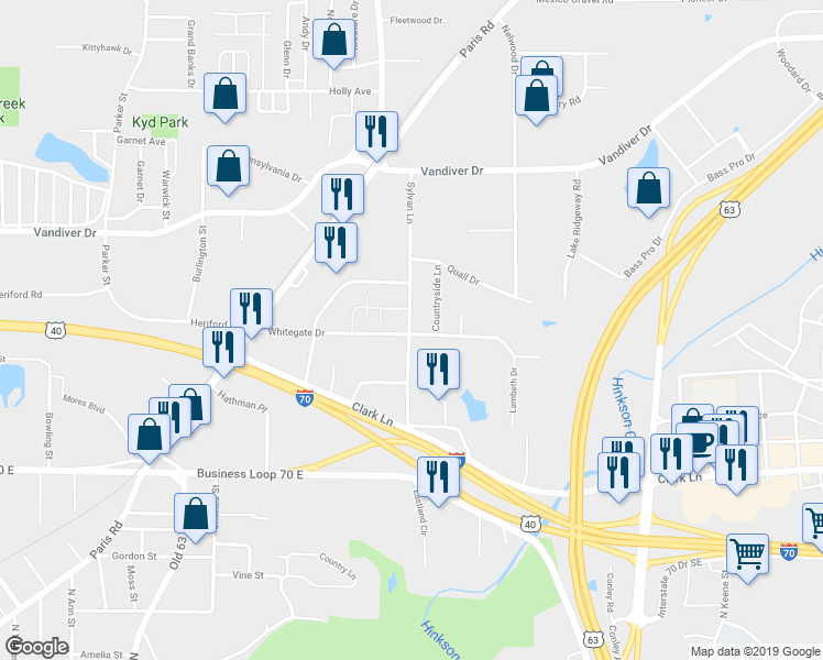 map of restaurants, bars, coffee shops, grocery stores, and more near 1600 Sylvan Lane in Columbia