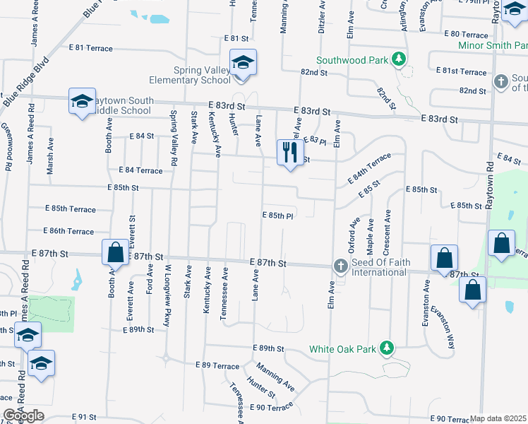 map of restaurants, bars, coffee shops, grocery stores, and more near 9001 East 85th Terrace in Raytown