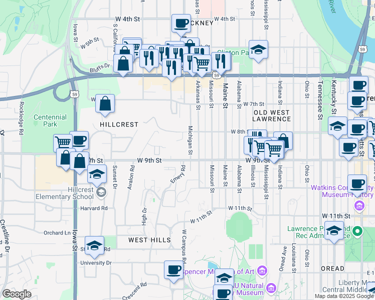 map of restaurants, bars, coffee shops, grocery stores, and more near 817 Canterbury Lane in Lawrence