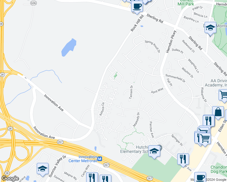 map of restaurants, bars, coffee shops, grocery stores, and more near 2162 Astoria Circle in Herndon