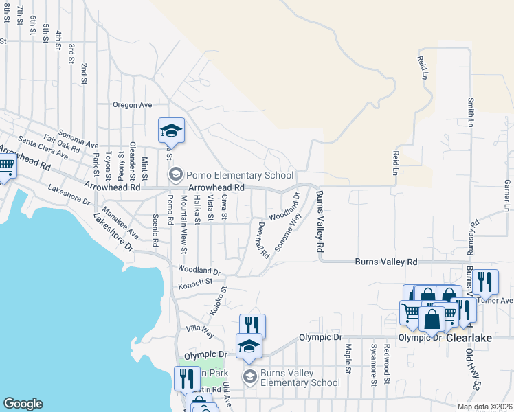map of restaurants, bars, coffee shops, grocery stores, and more near 3528 Ukiah Street in Clearlake