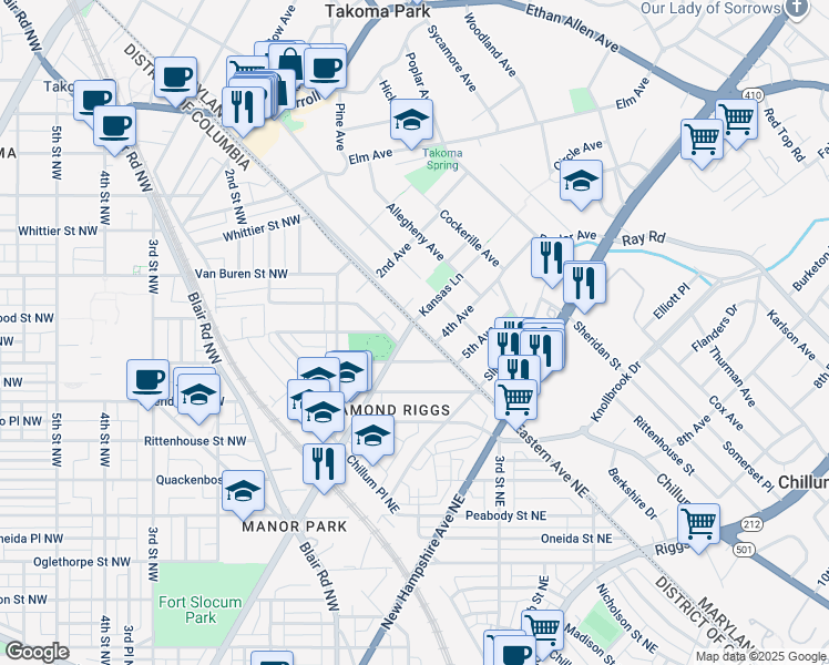 map of restaurants, bars, coffee shops, grocery stores, and more near 6425 Kansas Avenue Northeast in Washington