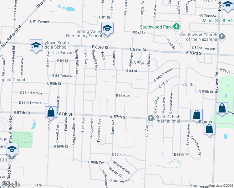 map of restaurants, bars, coffee shops, grocery stores, and more near 9000 East 85th Place in Raytown