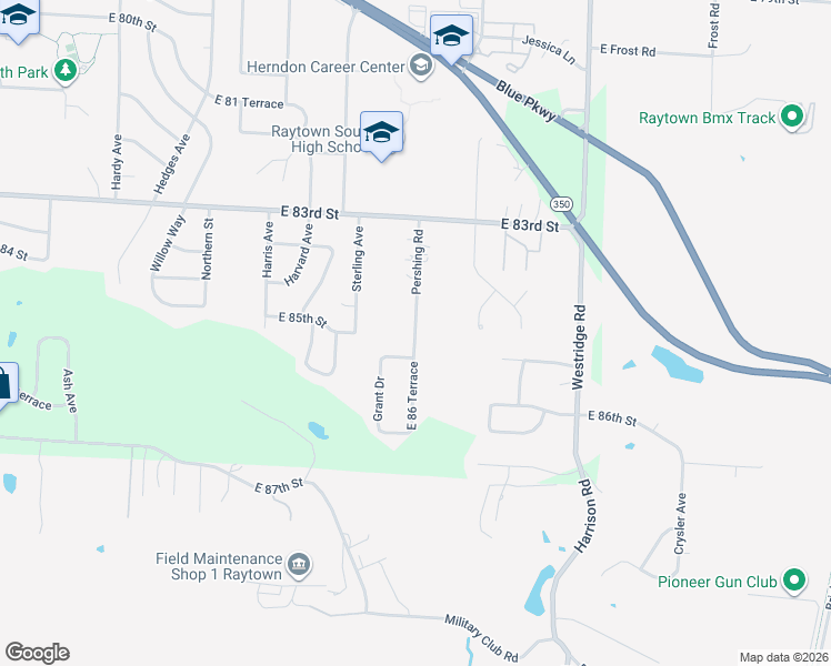 map of restaurants, bars, coffee shops, grocery stores, and more near 8420 Pershing Road in Raytown
