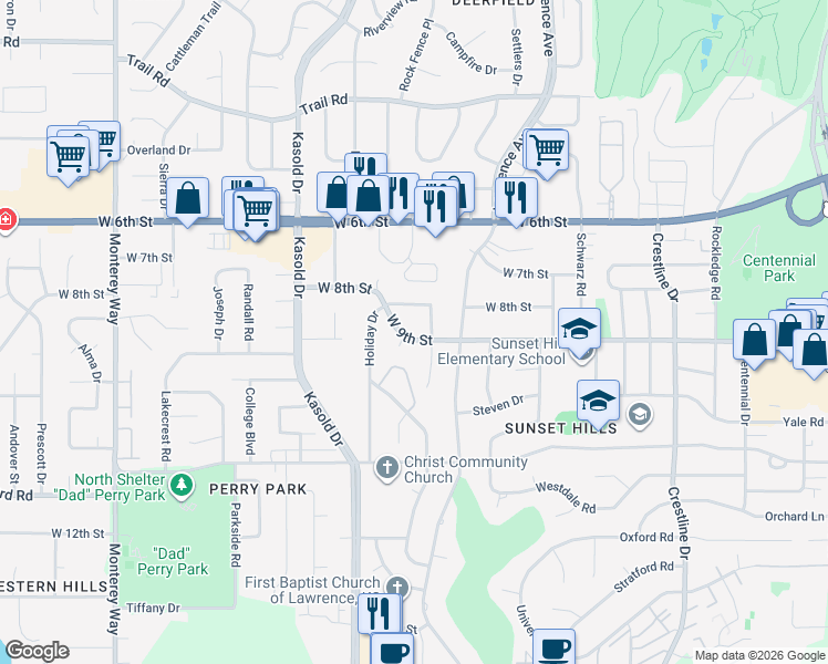 map of restaurants, bars, coffee shops, grocery stores, and more near 3220 West 9th Street in Lawrence
