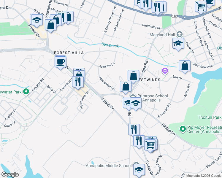 map of restaurants, bars, coffee shops, grocery stores, and more near 121 Merryman Court in Annapolis