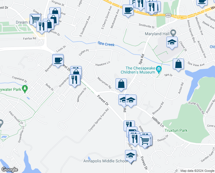 map of restaurants, bars, coffee shops, grocery stores, and more near 123 Merryman Court in Annapolis