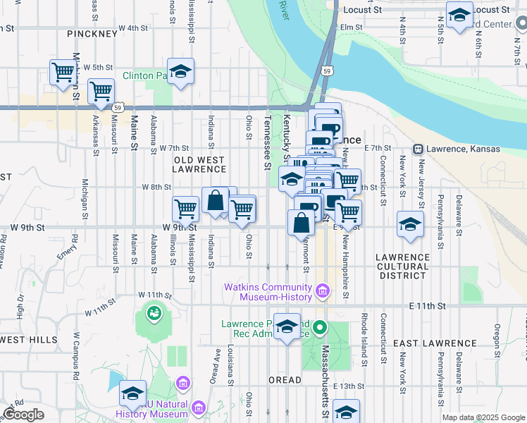 map of restaurants, bars, coffee shops, grocery stores, and more near 821 Tennessee Street in Lawrence