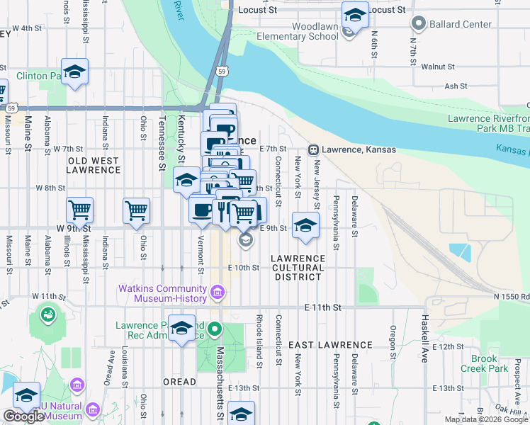 map of restaurants, bars, coffee shops, grocery stores, and more near 822 Rhode Island Street in Lawrence