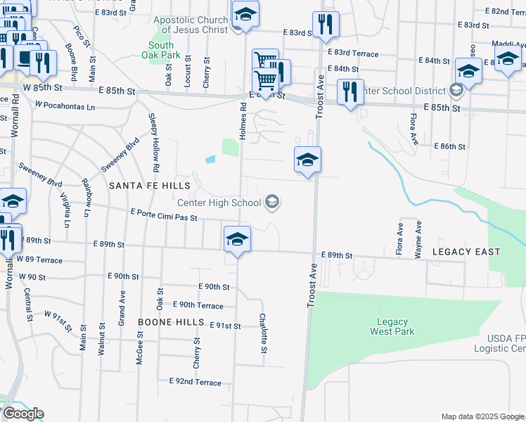 map of restaurants, bars, coffee shops, grocery stores, and more near 8715 Holmes Road in Kansas City