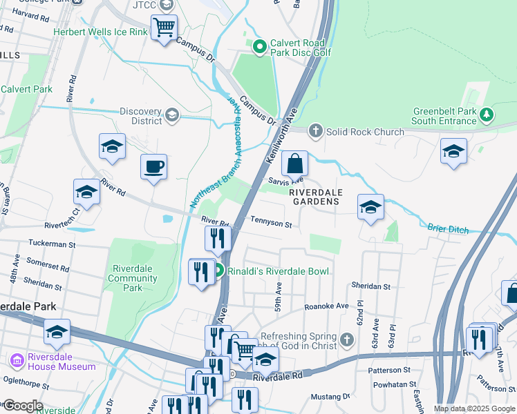 map of restaurants, bars, coffee shops, grocery stores, and more near 5703 Crestwood Place in East Riverdale