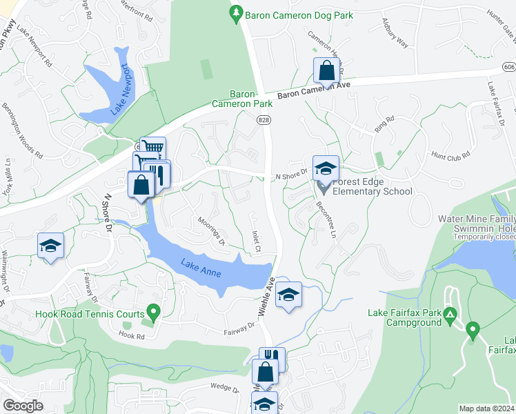 map of restaurants, bars, coffee shops, grocery stores, and more near 1563 Inlet Court in Reston