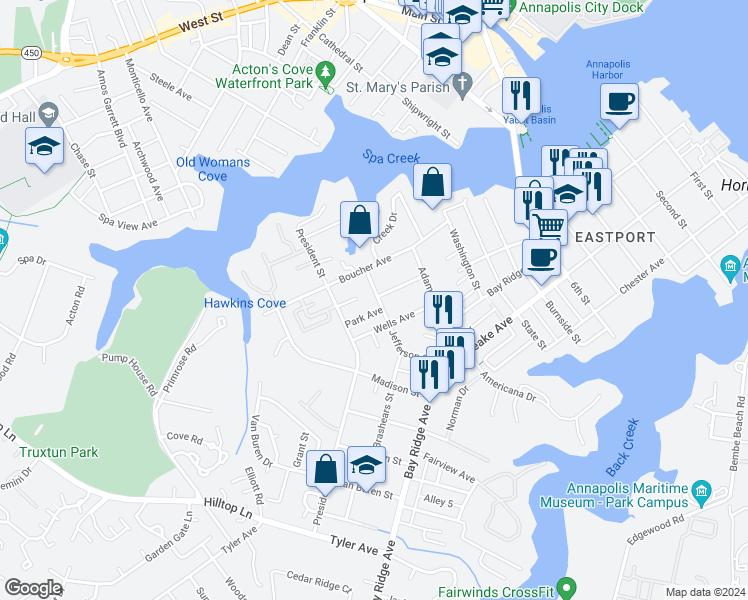 map of restaurants, bars, coffee shops, grocery stores, and more near 400 Jefferson Street in Annapolis