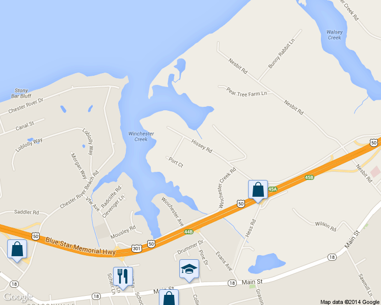 map of restaurants, bars, coffee shops, grocery stores, and more near 105 Port Court in Grasonville